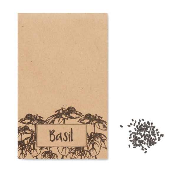 BASILOP. Basilikum-Samen in einem Umschlag aus Kraftpapier